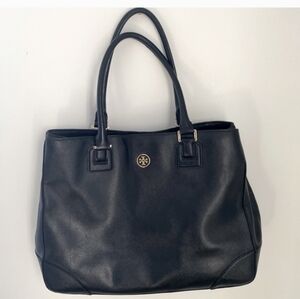 Tory Burch Black Leather Tote Bag Large Shoulder Bag Classic Logo